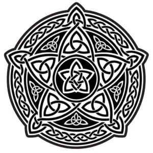 Celtic-inspired starflower mandala with interlaced bands and floral shapes.