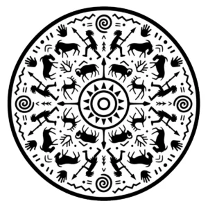 Circular prehistoric wildlife design with animals, handprints and rock-art markings.